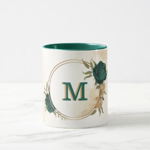 Caneca flores esmeraldas verdes e douradas beges