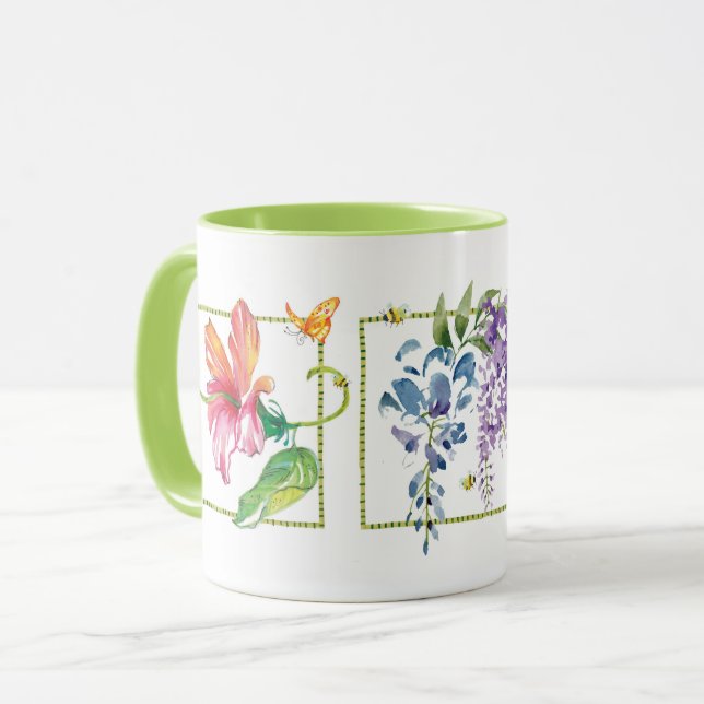 Caneca Flores Felizes Borboletas e Bebidas Mug (Frente Esquerda)