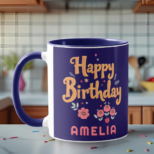 Caneca Flores Florais Feliz Aniversário Handlettering