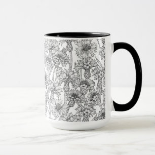Caneca Flores, flores silvestres, a preto e branco