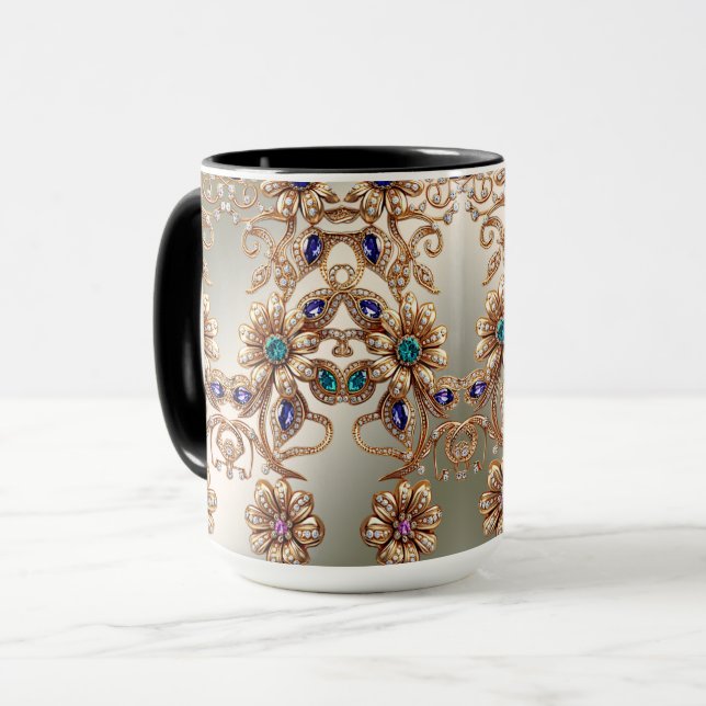 Caneca Flores Jóia Dourada Elegante (Frente Esquerda)