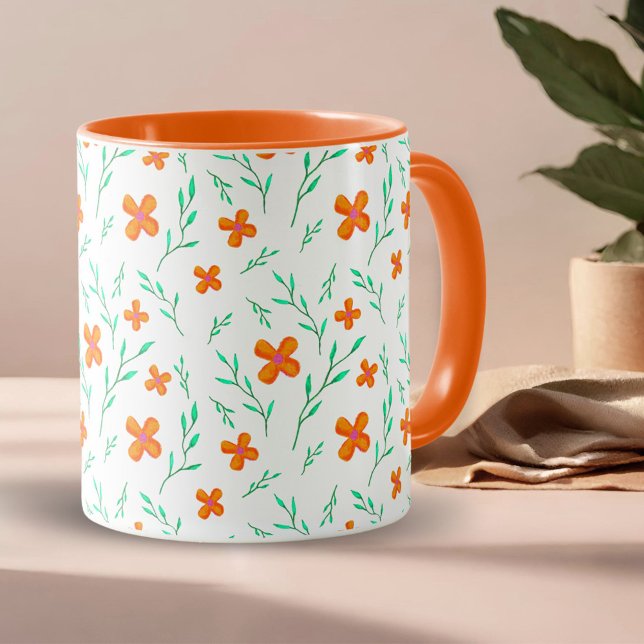 Caneca Flores Laranja e Padrões de Aquarela (Criador carregado)