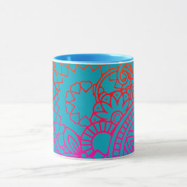 Caneca Flores Laranja Roxo e Fundo Azul