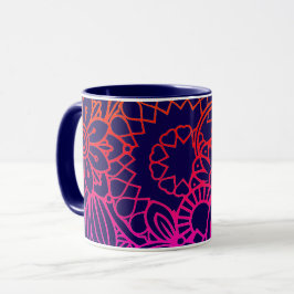 Caneca Flores Laranja Roxo e Fundo Azul Marinho