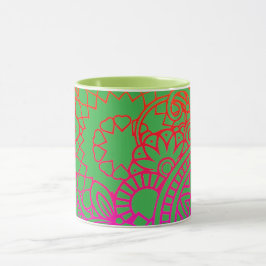Caneca Flores Laranja Roxo e Fundo Verde Claro
