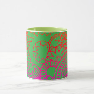Caneca Flores Laranja Roxo e Fundo Verde Claro