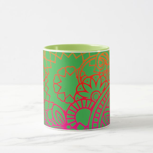 Caneca Flores Laranja Roxo e Fundo Verde Claro (Centro)