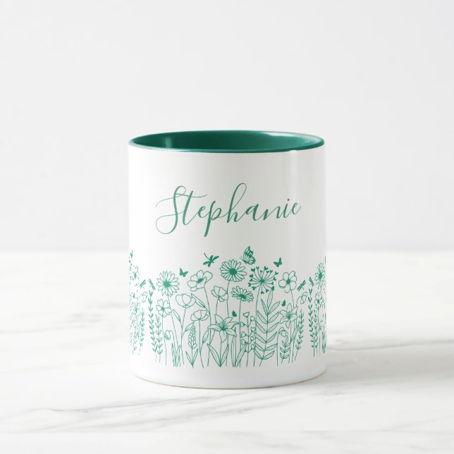 Caneca Flores Modernas de Plantas Naturais Verde e Branca (Centro)