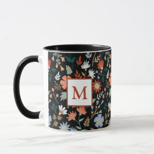 Caneca Flores Modernas Deixam Monograma Azul Laranja Negr