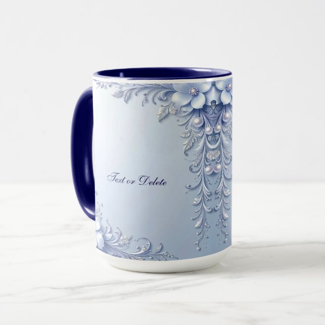 Caneca Flores Ornamentadas Azuis com Pérolas (Frente Esquerda)