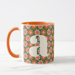 Caneca Flores Retro Fofas Monograma Personalizado Verde R