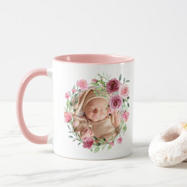 Caneca Flores Rosa Bebê Nome de Aquarela Floral (Com Donut)