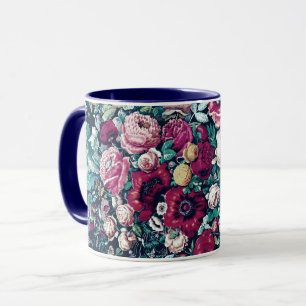 Caneca Flores Rosa Magenta Verde Azul Teal Peônia & Rosa