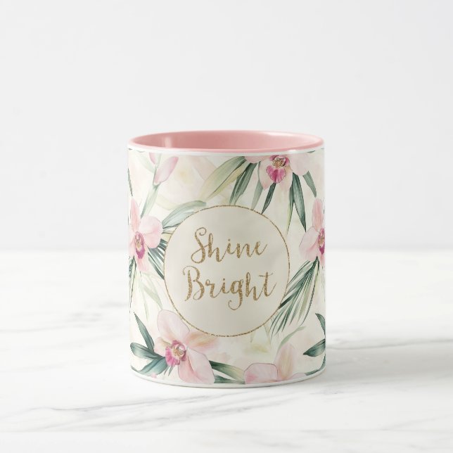 Caneca Flores Rosa Orquídeas Brilhantes Douradas Brilhant (Centro)