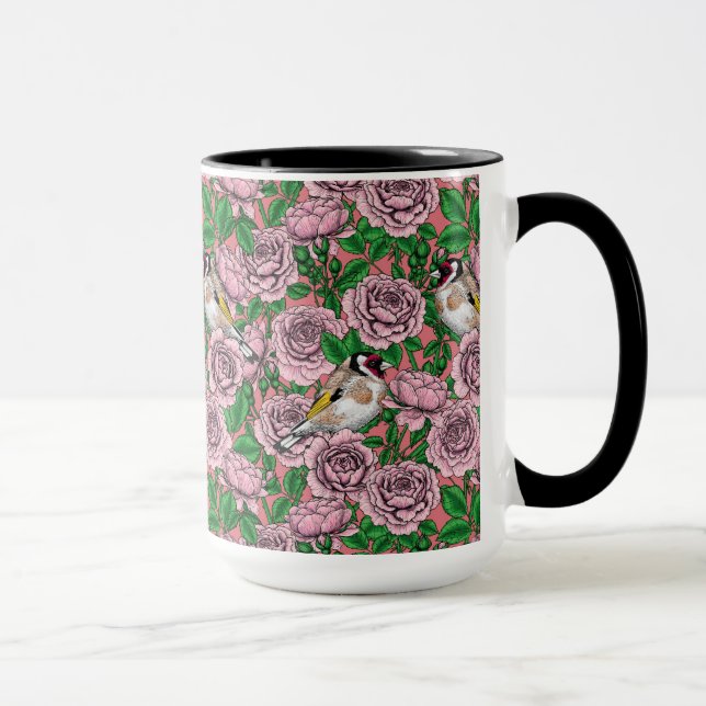 Caneca Flores rosas rosa rosa e aves-pintadas (Direita)