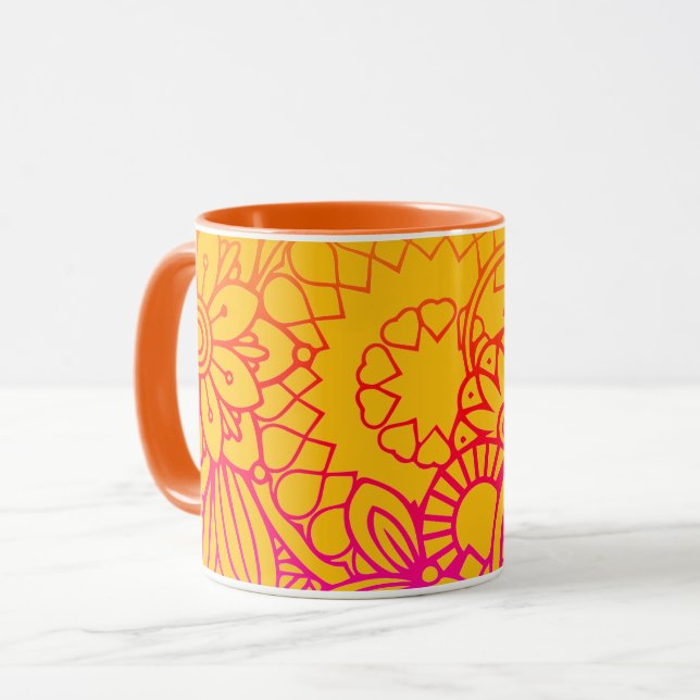 Caneca Flores Roxas Laranja e Fundo Amarelo   (Frente Esquerda)