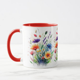 Caneca Flores Selvagens Aquarela Laranja Roxo Vermelho Az