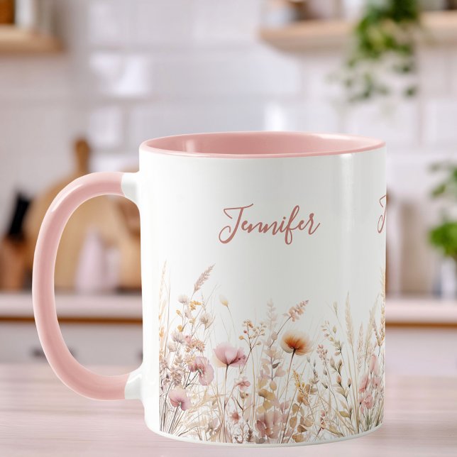 Caneca Flores selvagens nome rosa bege (Criador carregado)