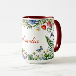 Caneca Flores Silvestres Aquarela com Nome Personalizado