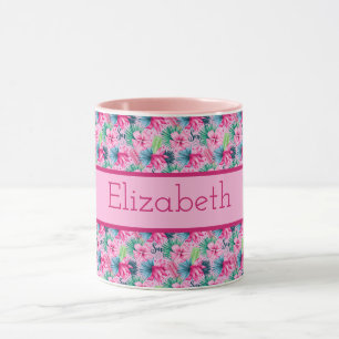 Caneca Flores Tropicais Rosa Verde Azul Monograma