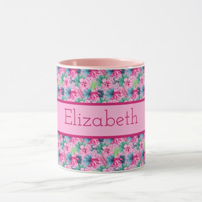 Caneca Flores Tropicais Rosa Verde Azul Monograma  (Centro)