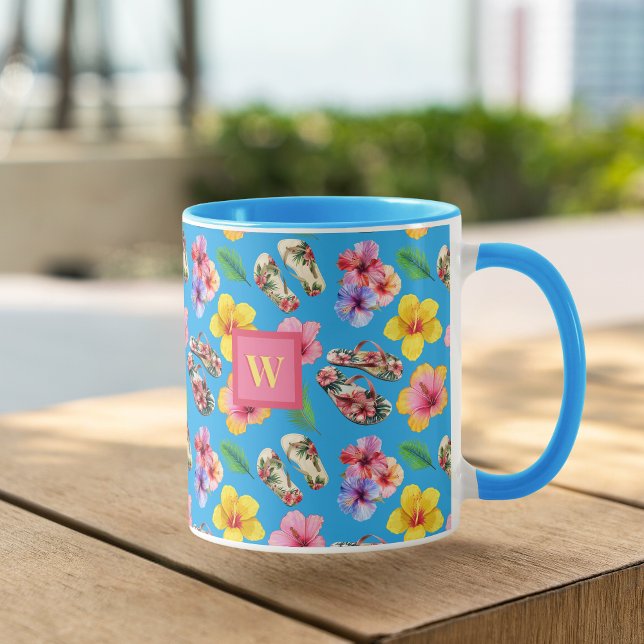 Caneca Flores Tropicais w FlipFlops Monograma Rosa em Azu (Criador carregado)