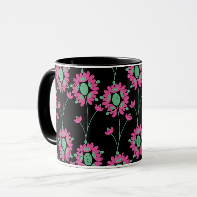 Caneca Flores Verdes e Rosa Padrão Invisível (Frente Esquerda)