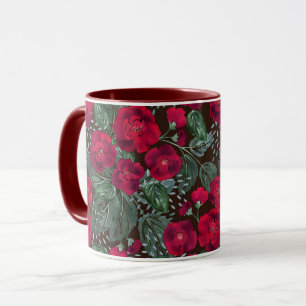 Caneca Flores vermelhas, padrão floral de aquarela.