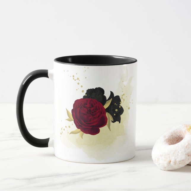 Caneca flores vermelhas pretas folhas douradas (Com Donut)