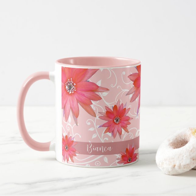 Caneca Flores Vermelhas Whimsical Folhas Suavemente Acres (Com Donut)