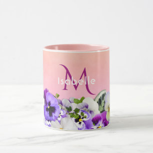 Caneca Flores violetas em pêssego com nome de monograma