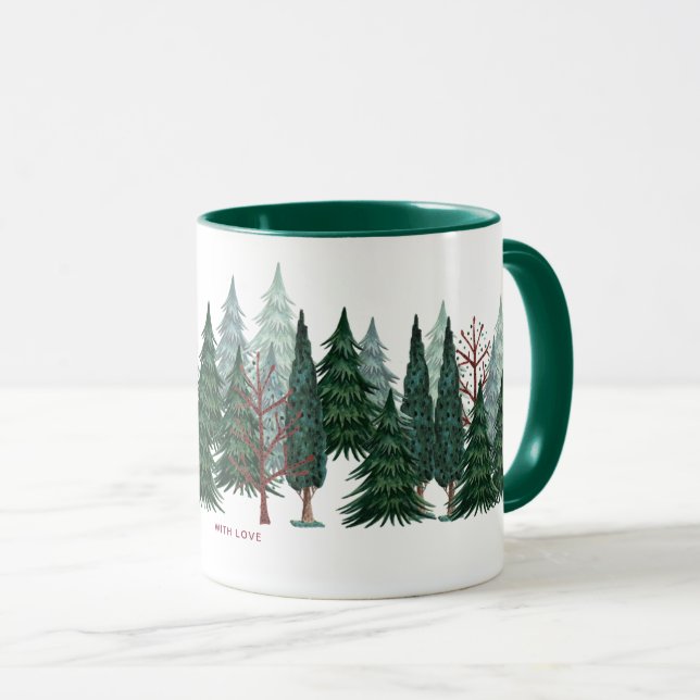 Caneca Floresta de pinheiros verdes natureza Natal Feriad (Frente Esquerda)