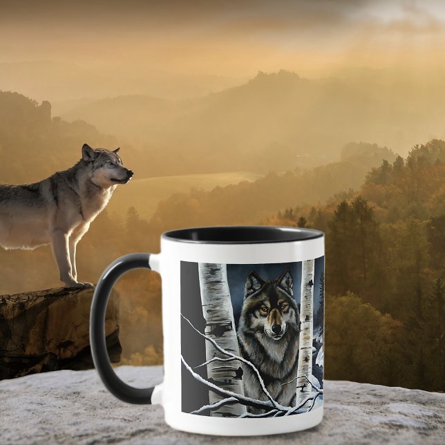 Caneca Floresta Mística de Bétula do Lobo Alfa de Inverno (Criador carregado)