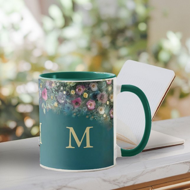 Caneca Floresta Selvagem Encantada Rosa verde-vegetação f (enchanted forest mug monogram wild roses wildflower floral emerald gold woodland fairy greenery)