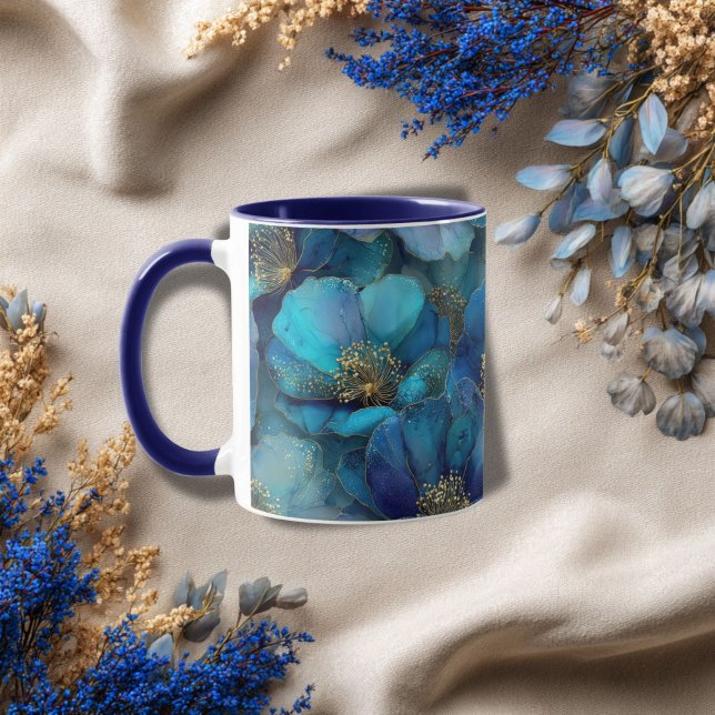 Caneca Florestas de Abstrato Dourado Azul (Blue gold Abstract Floral Coffee Mug gift for her. )