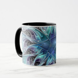 Caneca Flourar Abstrato Moderno Flor Fractal Com Azul