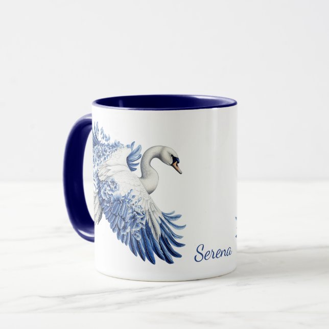 Caneca Flying Blue Swan Floral Monograma (Frente Esquerda)