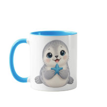 Foca Bebê Fofa com Estrela-do-Mar Azul