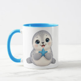 Caneca Foca Bebê Fofa com Estrela-do-Mar Azul