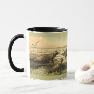 Caneca Focas-Leopardo Vintage junto ao Oceano, Animais Se