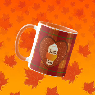 Caneca Fofa Capa de Outono Xadrez Laranja Amor por Café d