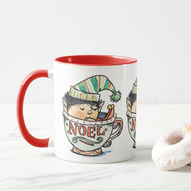 Caneca Fofa Duende de Natal de Desenho Animado Dormindo e (Com Donut)