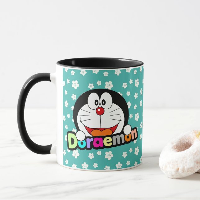 Caneca Fofo Kawaii Doraemon Anime Preto (Com Donut)