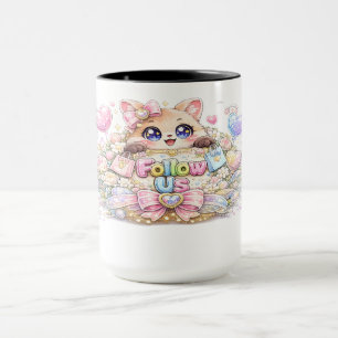 Caneca Fofo Kawaii Siga-nos Gato Rosa Pastel Mídia Social