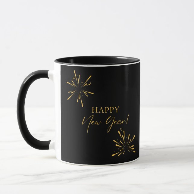 Caneca Fogos de artifício mínimos de feliz ano novo preto (Esquerda)