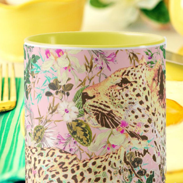 Caneca Folha de impressão-leopardo tropical do Havaí (Criador carregado)