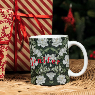 Caneca Folhagem Exótica com Flores Brancas