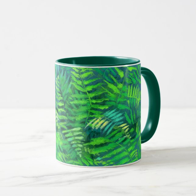 Caneca Folhas de cereais, design floral, verde, azul e ve (Frente Esquerda)