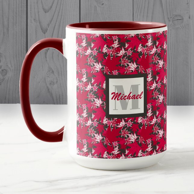 Caneca Folhas de Mapeamento em uma Lâmina de Fundo de Car (Red and White Maple Leaves on Charcoal - Mug - By The Canadian Outpost Shop)