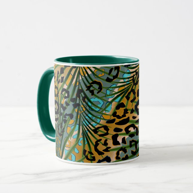 Caneca Folhas de palma num fundo-leopardo. (Frente Esquerda)